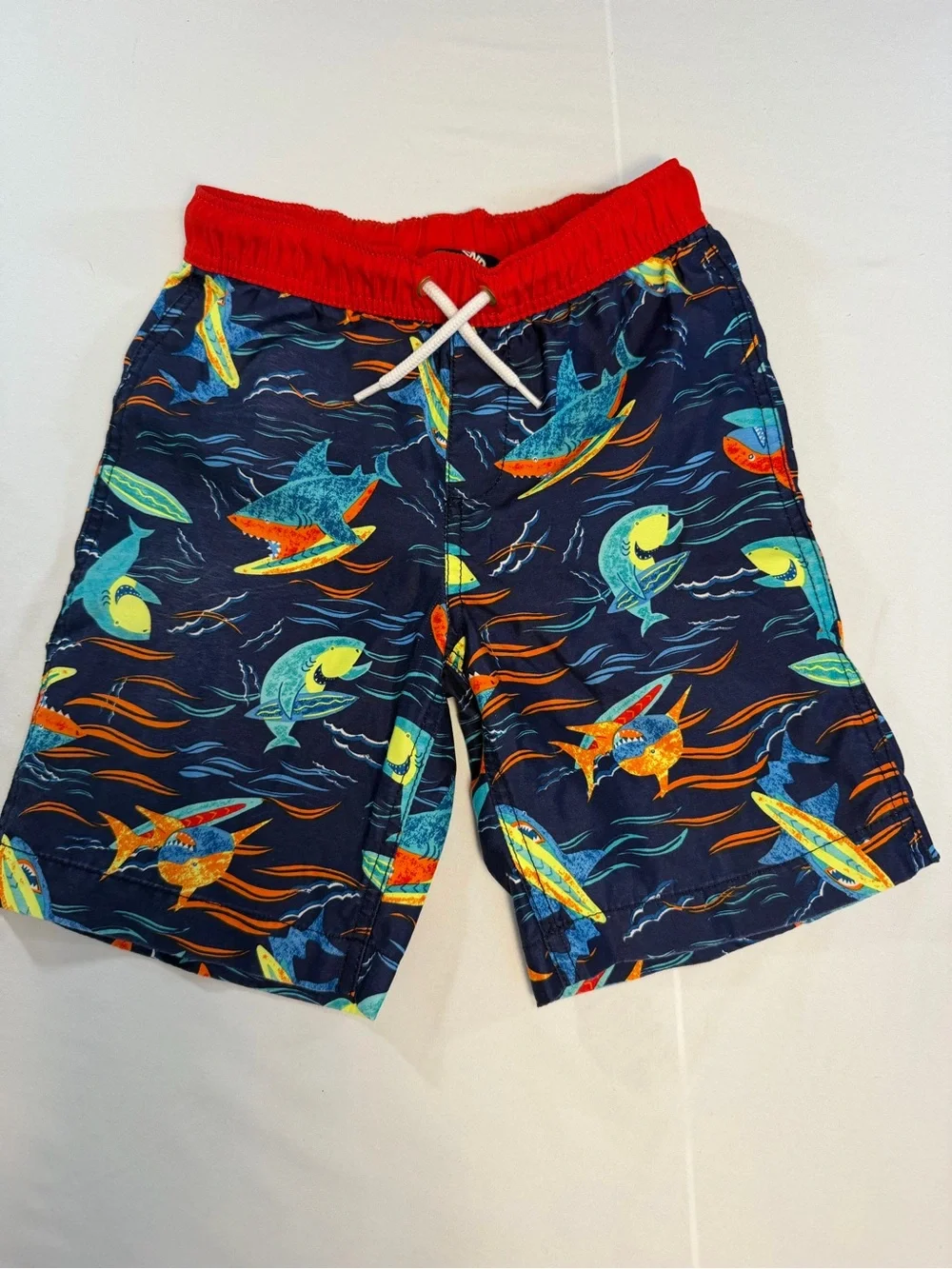 Lands' End Navy Swim Shorts with Red Waistband and Multicolor Shark Print